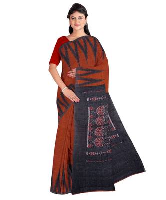 Chocolate Weaving Work Cotton Ikkat Handloom Saree With blouse piece 1