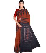 Chocolate Weaving Work Cotton Ikkat Handloom Saree With blouse piece