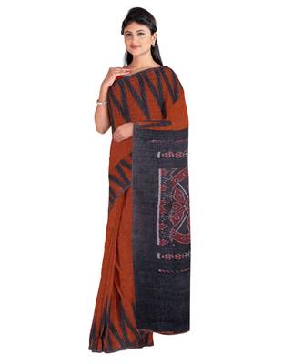 Chocolate Weaving Work Cotton Ikkat Handloom Saree With blouse piece 2