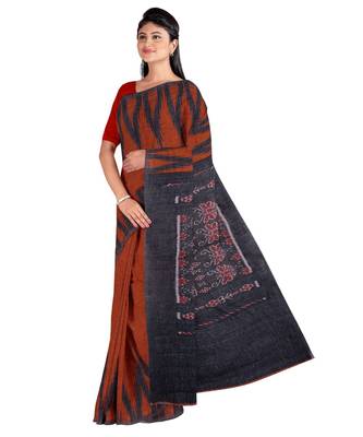 Chocolate Weaving Work Cotton Ikkat Handloom Saree With blouse piece 3