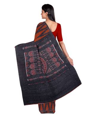 Chocolate Weaving Work Cotton Ikkat Handloom Saree With blouse piece 4