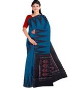 Blue Weaving Work Cotton Ikkat Handloom Saree With blouse piece
