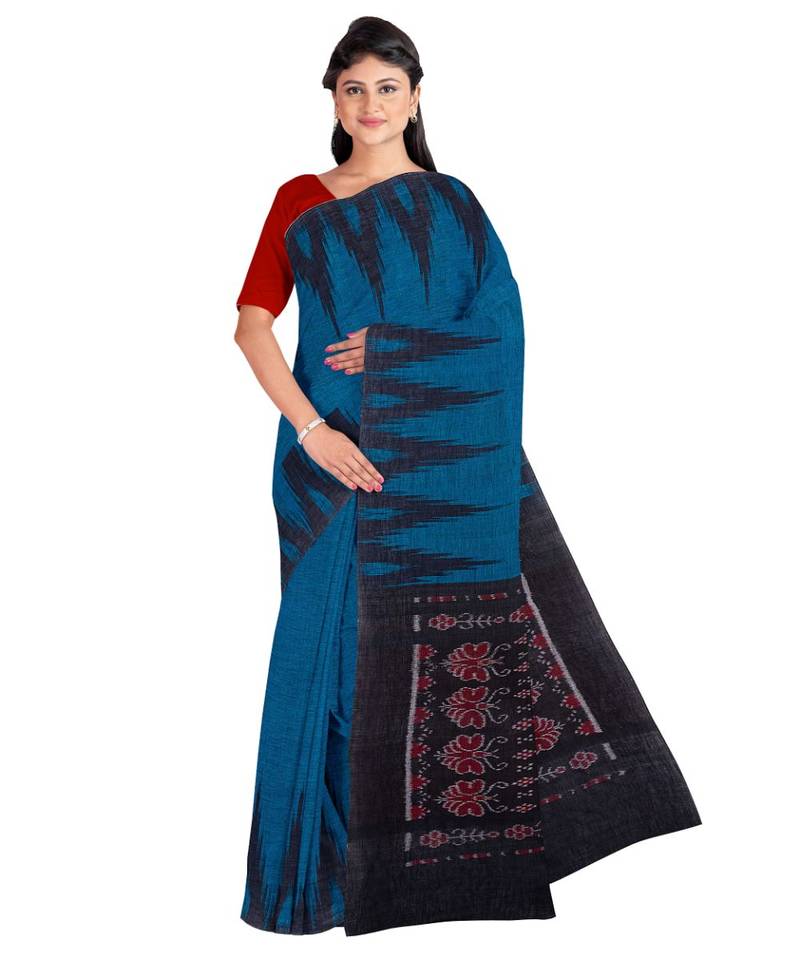 Blue Weaving Work Cotton Ikkat Handloom Saree With blouse piece