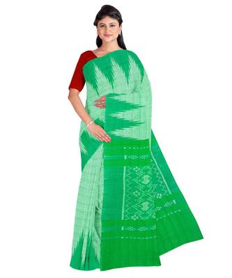 Green Weaving Work Cotton Ikkat Handloom Saree With blouse piece 1
