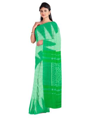 Green Weaving Work Cotton Ikkat Handloom Saree With blouse piece 2