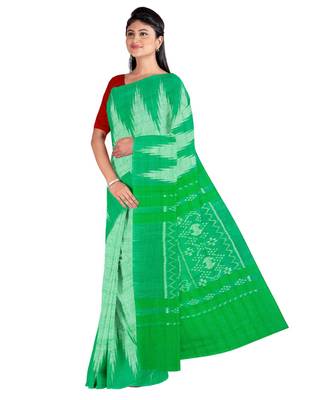 Green Weaving Work Cotton Ikkat Handloom Saree With blouse piece 3