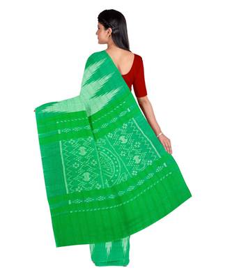 Green Weaving Work Cotton Ikkat Handloom Saree With blouse piece 4