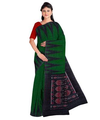 Bottle Green Weaving Work Cotton Ikkat Handloom Saree With blouse piece 1