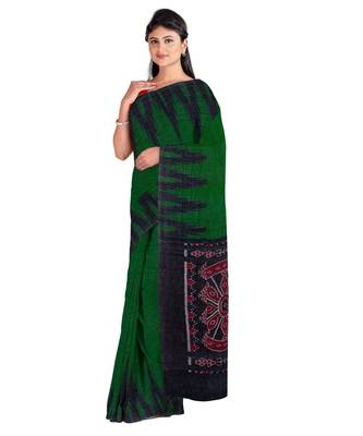 Bottle Green Weaving Work Cotton Ikkat Handloom Saree With blouse piece 2