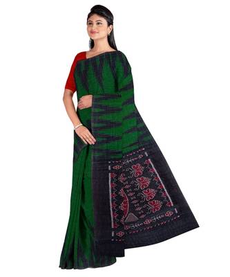 Bottle Green Weaving Work Cotton Ikkat Handloom Saree With blouse piece 3