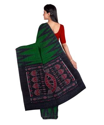 Bottle Green Weaving Work Cotton Ikkat Handloom Saree With blouse piece 4