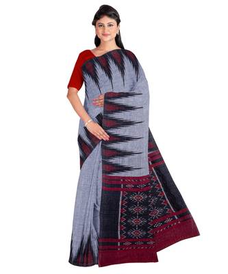 Gray Weaving Work Cotton Ikkat Handloom Saree With blouse piece 1