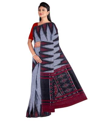 Gray Weaving Work Cotton Ikkat Handloom Saree With blouse piece 3