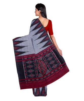 Gray Weaving Work Cotton Ikkat Handloom Saree With blouse piece 4