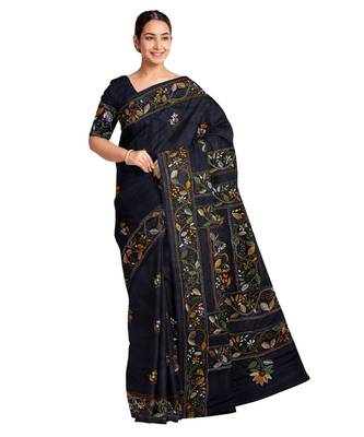 Black Kantha Stich Work Art Silk Hand Wiving Saree With blouse piece 1