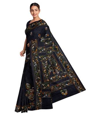 Black Kantha Stich Work Art Silk Hand Wiving Saree With blouse piece 3