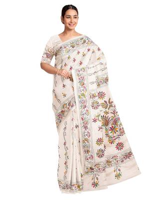 White Kantha Stich Work Art Silk Hand Wiving Saree With blouse piece 1