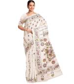 White Kantha Stich Work Art Silk Hand Wiving Saree With blouse piece