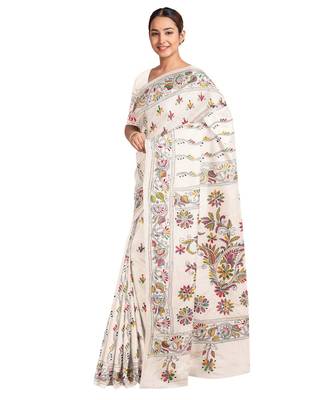 White Kantha Stich Work Art Silk Hand Wiving Saree With blouse piece 2