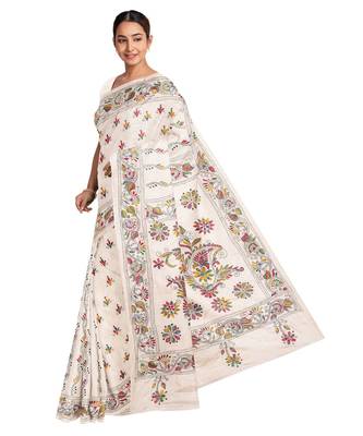 White Kantha Stich Work Art Silk Hand Wiving Saree With blouse piece 3