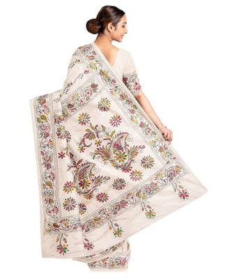 White Kantha Stich Work Art Silk Hand Wiving Saree With blouse piece 4