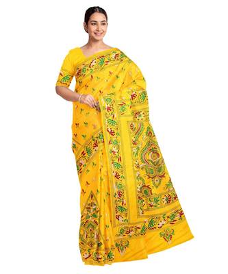 Yellow Kantha Stich Work Art Silk Hand Wiving Saree With blouse piece 1