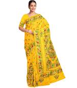Yellow Kantha Stich Work Art Silk Hand Wiving Saree With blouse piece