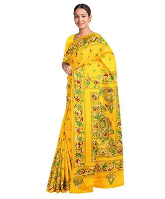 Yellow Kantha Stich Work Art Silk Hand Wiving Saree With blouse piece 2