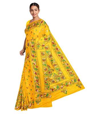 Yellow Kantha Stich Work Art Silk Hand Wiving Saree With blouse piece 3
