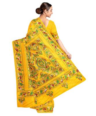 Yellow Kantha Stich Work Art Silk Hand Wiving Saree With blouse piece 4