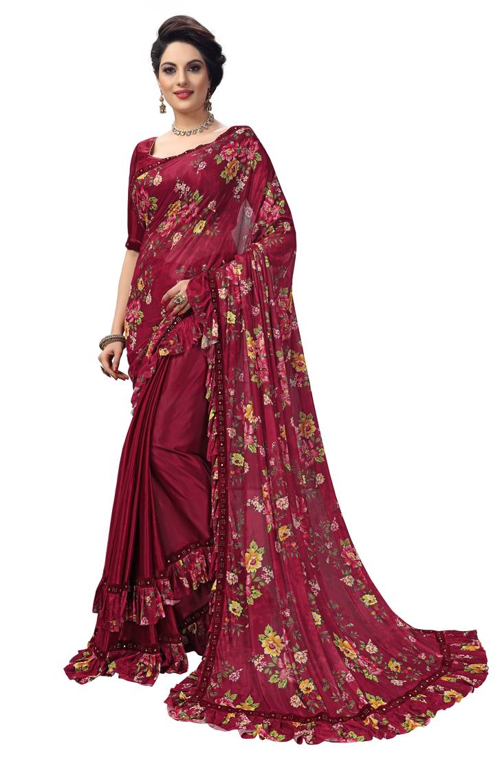 Trendmalls Heavy Embroidery Digital printed Lycra Silk Red Party Wear Saree With Blouse
