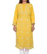 Lavangi Lucknow Chikankari Tepchi Work Chiffon Kurti (Turmeric Yellow)