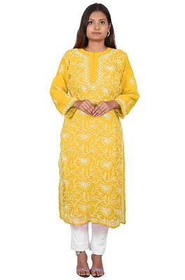 Lavangi Lucknow Chikankari Tepchi Work Chiffon Kurti (Turmeric Yellow) 2