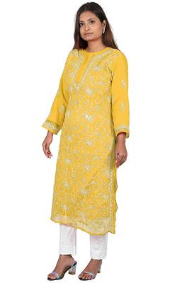 Lavangi Lucknow Chikankari Tepchi Work Chiffon Kurti (Turmeric Yellow) 3
