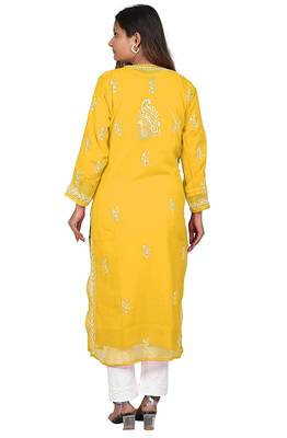 Lavangi Lucknow Chikankari Tepchi Work Chiffon Kurti (Turmeric Yellow) 4