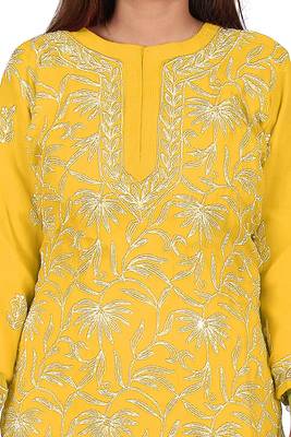Lavangi Lucknow Chikankari Tepchi Work Chiffon Kurti (Turmeric Yellow) 5