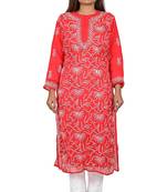 Lavangi Lucknow Chikankari Tepchi Work Chiffon Kurti (Red)