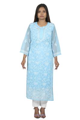 Lavangi Lucknow Chikankari Tepchi Work Chiffon Kurti (Sky Blue) 1