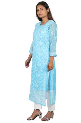 Lavangi Lucknow Chikankari Tepchi Work Chiffon Kurti (Sky Blue) 2