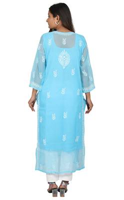 Lavangi Lucknow Chikankari Tepchi Work Chiffon Kurti (Sky Blue) 3