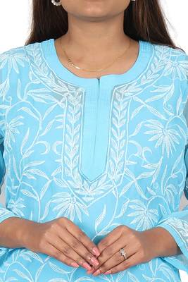 Lavangi Lucknow Chikankari Tepchi Work Chiffon Kurti (Sky Blue) 4