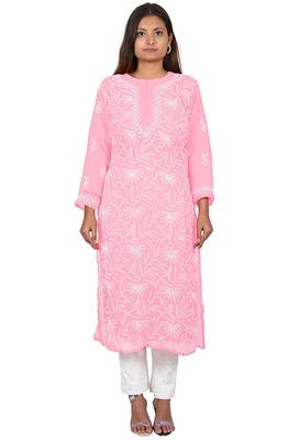 Lavangi Lucknow Chikankari Tepchi Work Chiffon Kurti (Pink) 1
