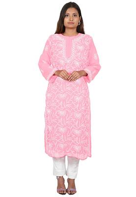 Lavangi Lucknow Chikankari Tepchi Work Chiffon Kurti (Pink) 2
