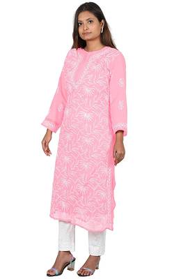 Lavangi Lucknow Chikankari Tepchi Work Chiffon Kurti (Pink) 3