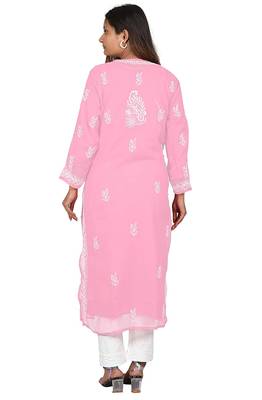 Lavangi Lucknow Chikankari Tepchi Work Chiffon Kurti (Pink) 4