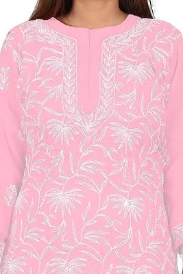 Lavangi Lucknow Chikankari Tepchi Work Chiffon Kurti (Pink) 5