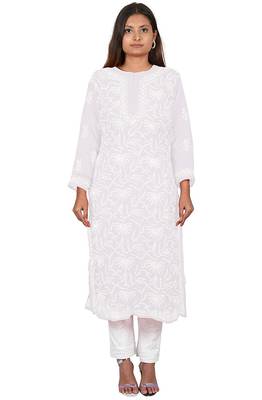 Lavangi Lucknow Chikankari Tepchi Work Chiffon Kurti (White) 1