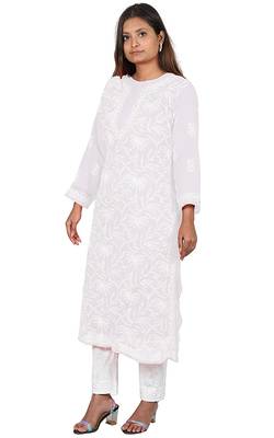 Lavangi Lucknow Chikankari Tepchi Work Chiffon Kurti (White) 3