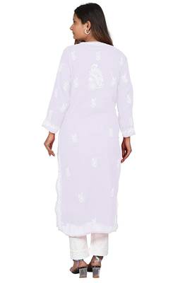 Lavangi Lucknow Chikankari Tepchi Work Chiffon Kurti (White) 4