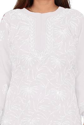 Lavangi Lucknow Chikankari Tepchi Work Chiffon Kurti (White) 5